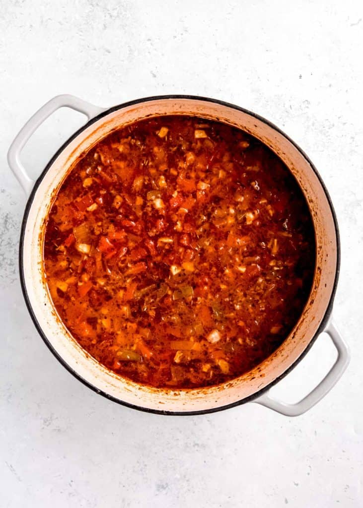 overhead image of stuffed pepper soup simmering