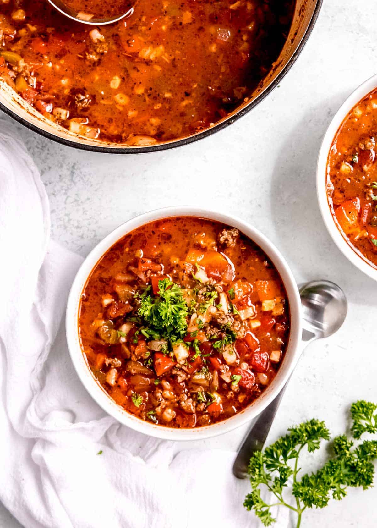 distant overhead image of a bowl of stuffed pepper soup