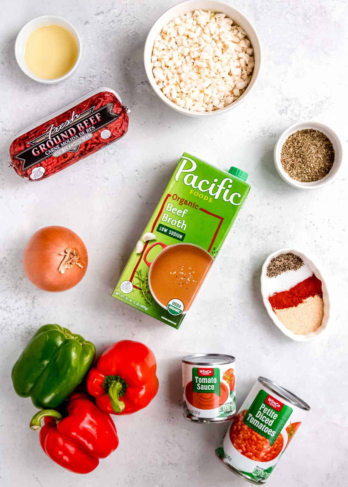 stuffed pepper soup ingredients on a white table