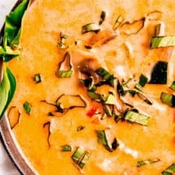 close up, overhead image of thai curry chicken soup in black bowl