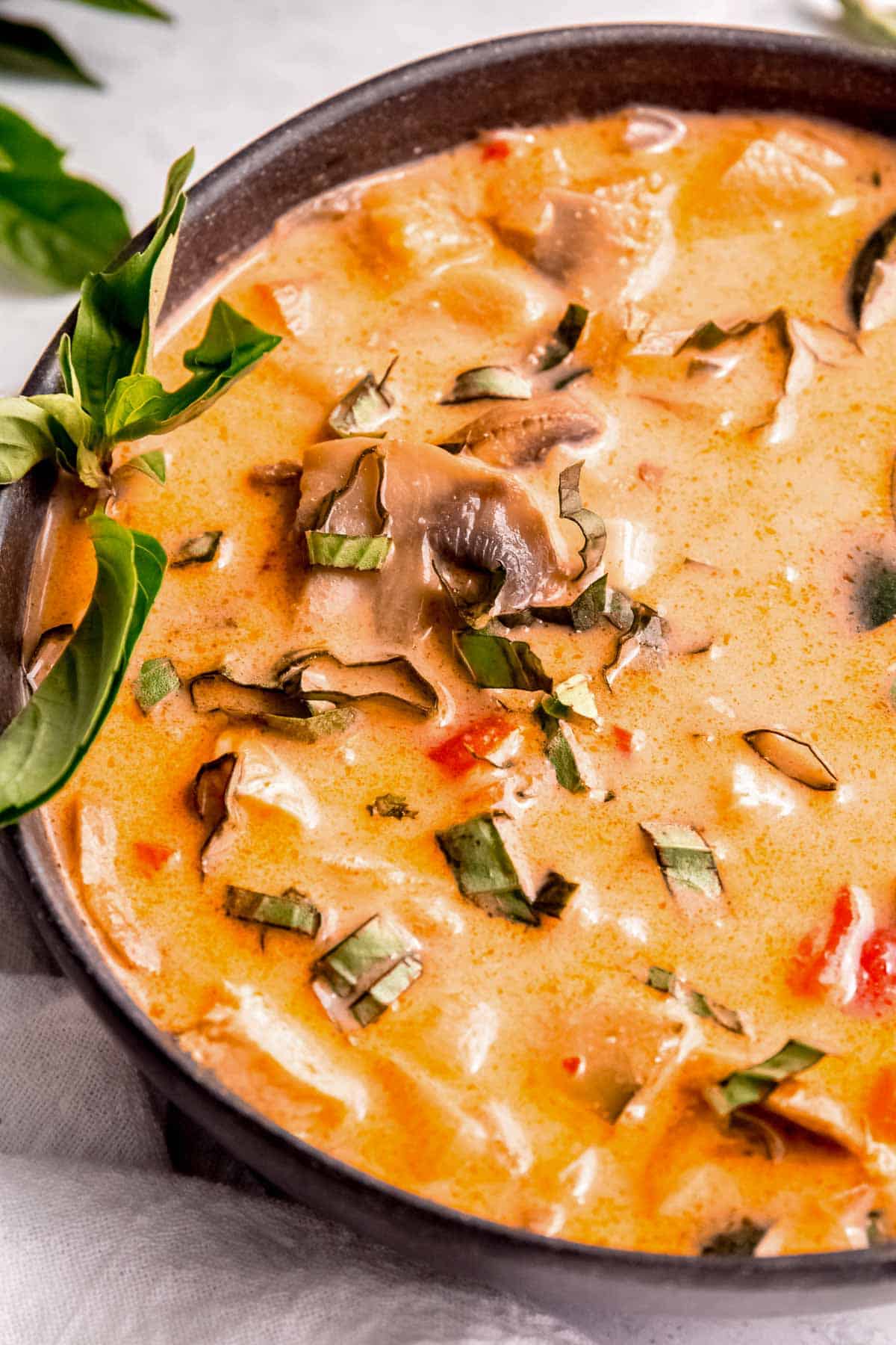 close up, angled image of soup in black bowl