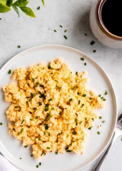 scrambled eggs on a white plate