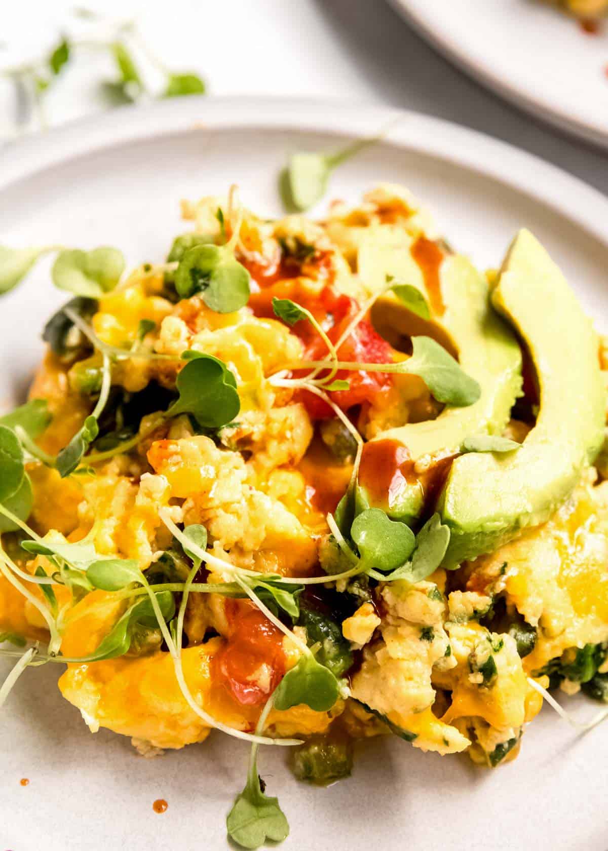 close up, overhead image of a California scramble on a white plate