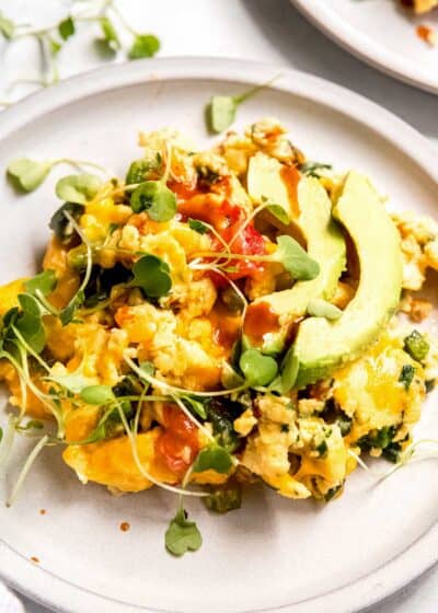 close up image of California scramble on a white plate