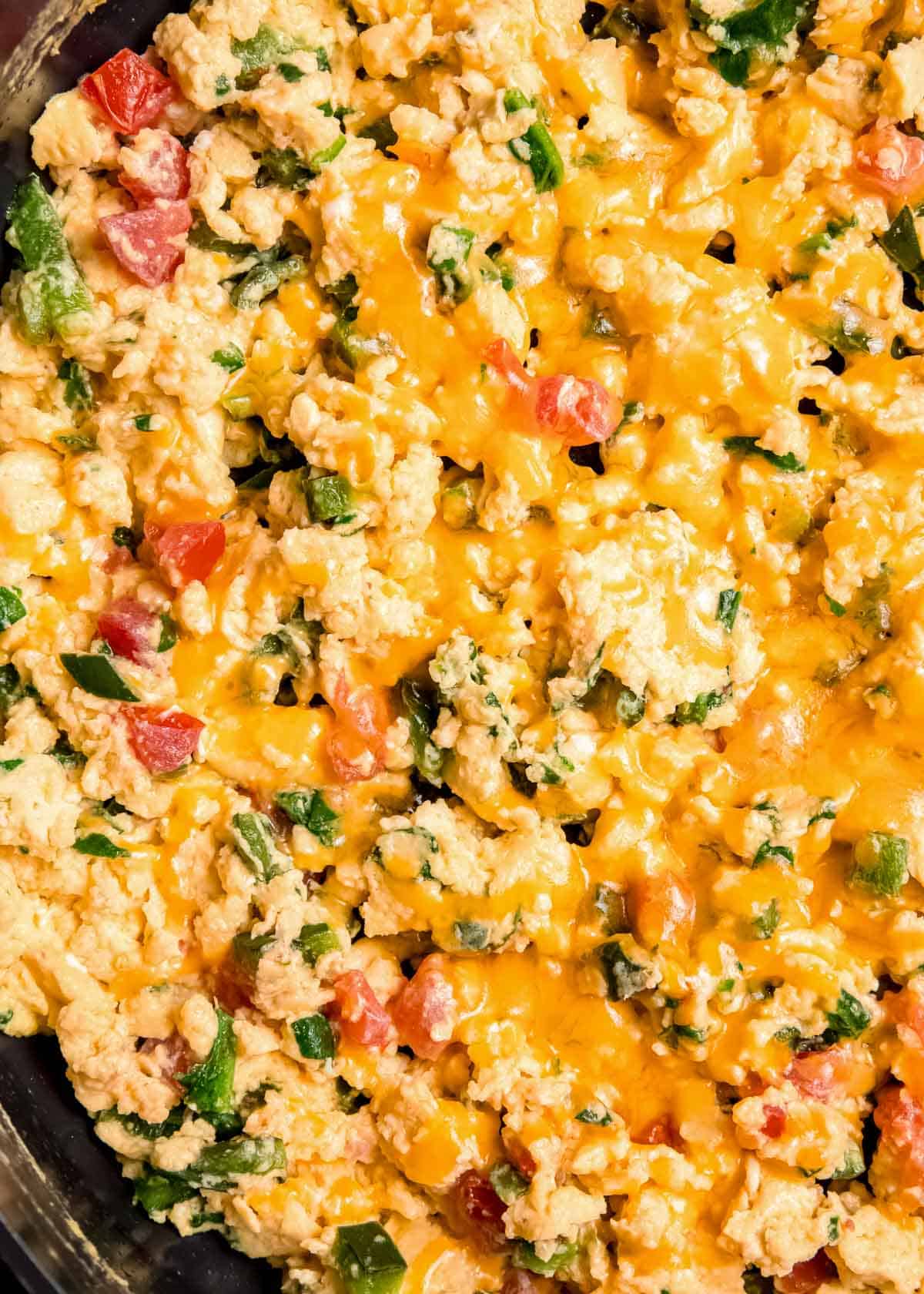 close up image of California scramble after adding cheese