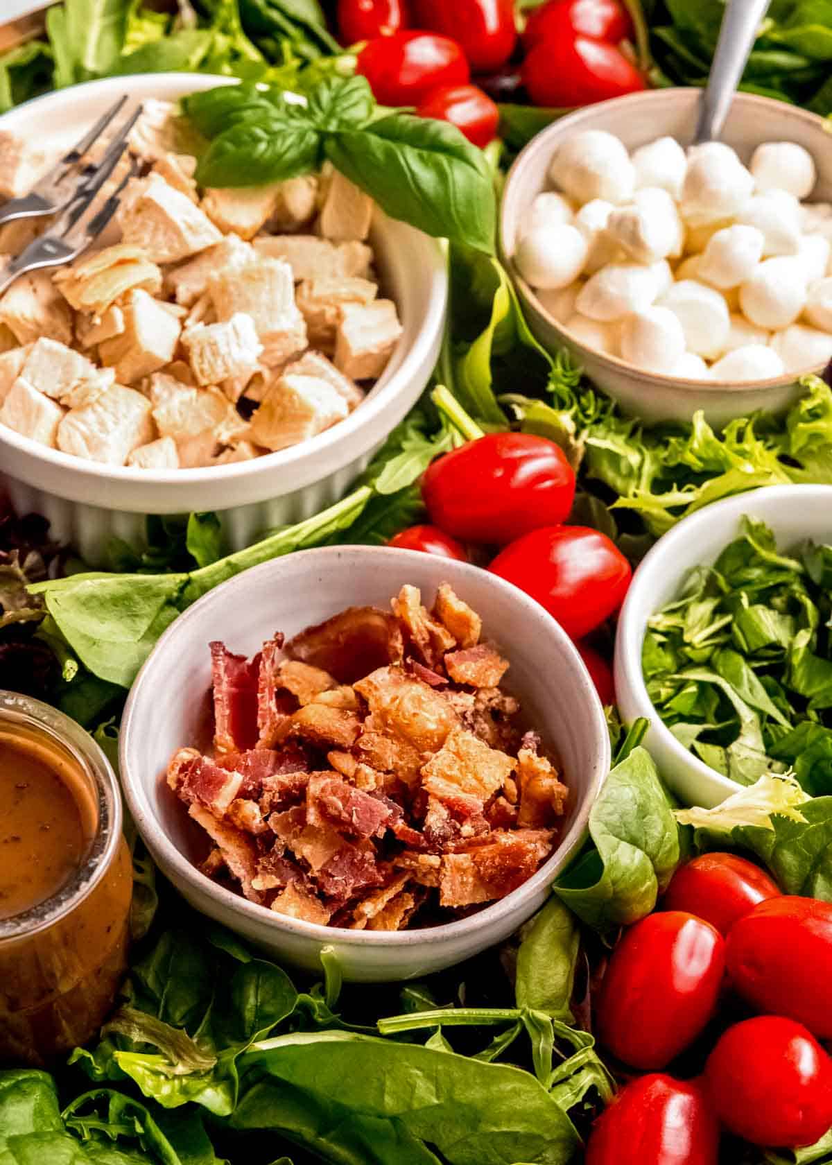 close up, overhead image of chicken caprese salad