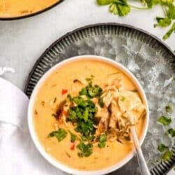 overhead image of chile relleno soup in white bowl on silver platter