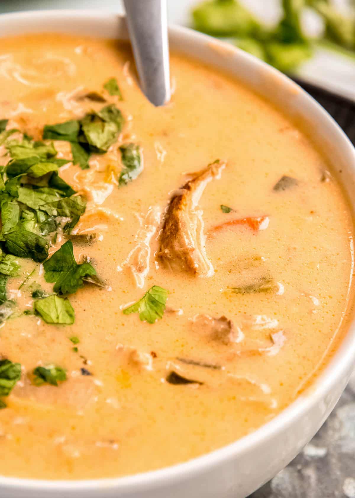 close up image of chile relleno soup in white bowl