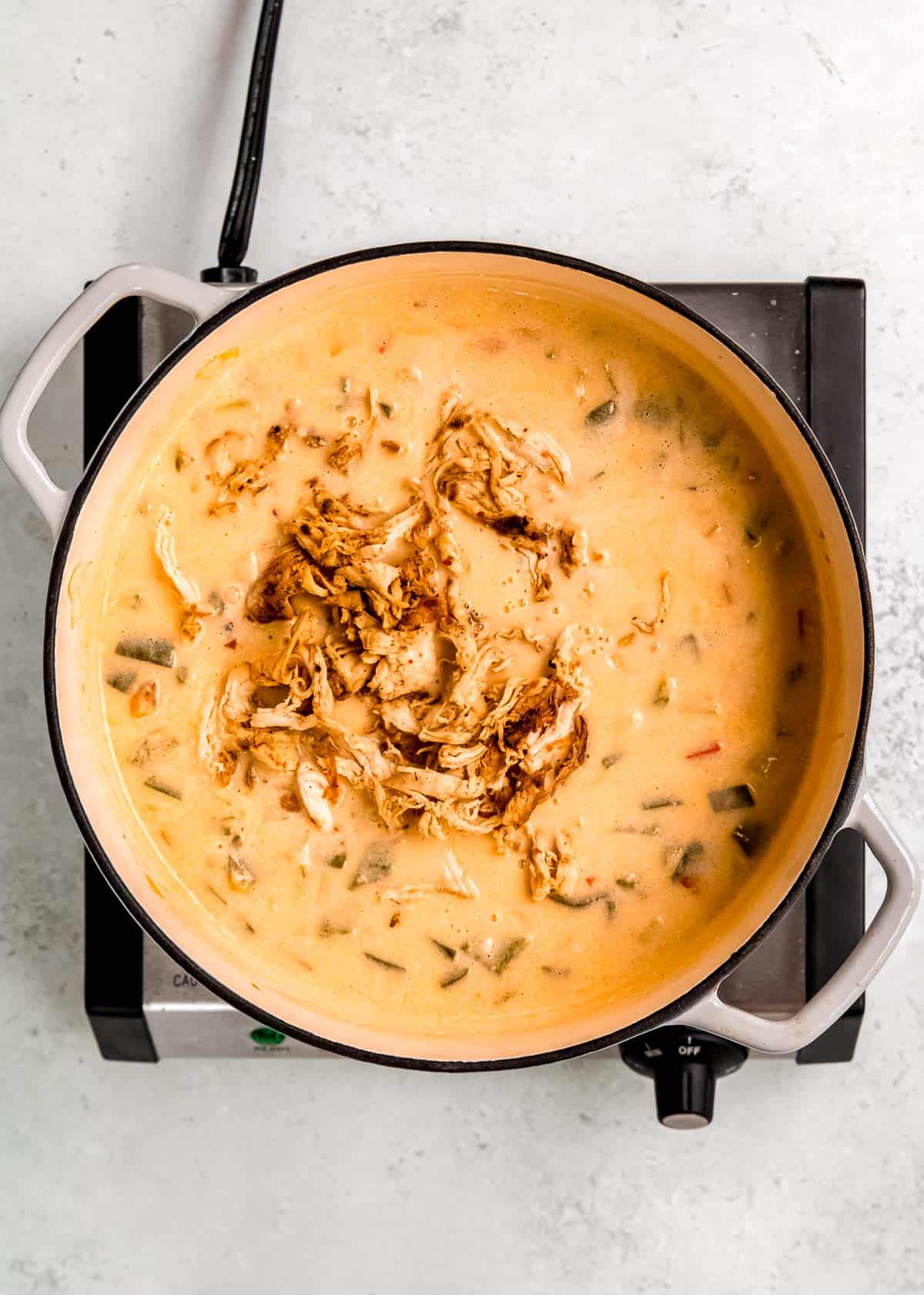 overhead image of chicken being added to chile relleno soup