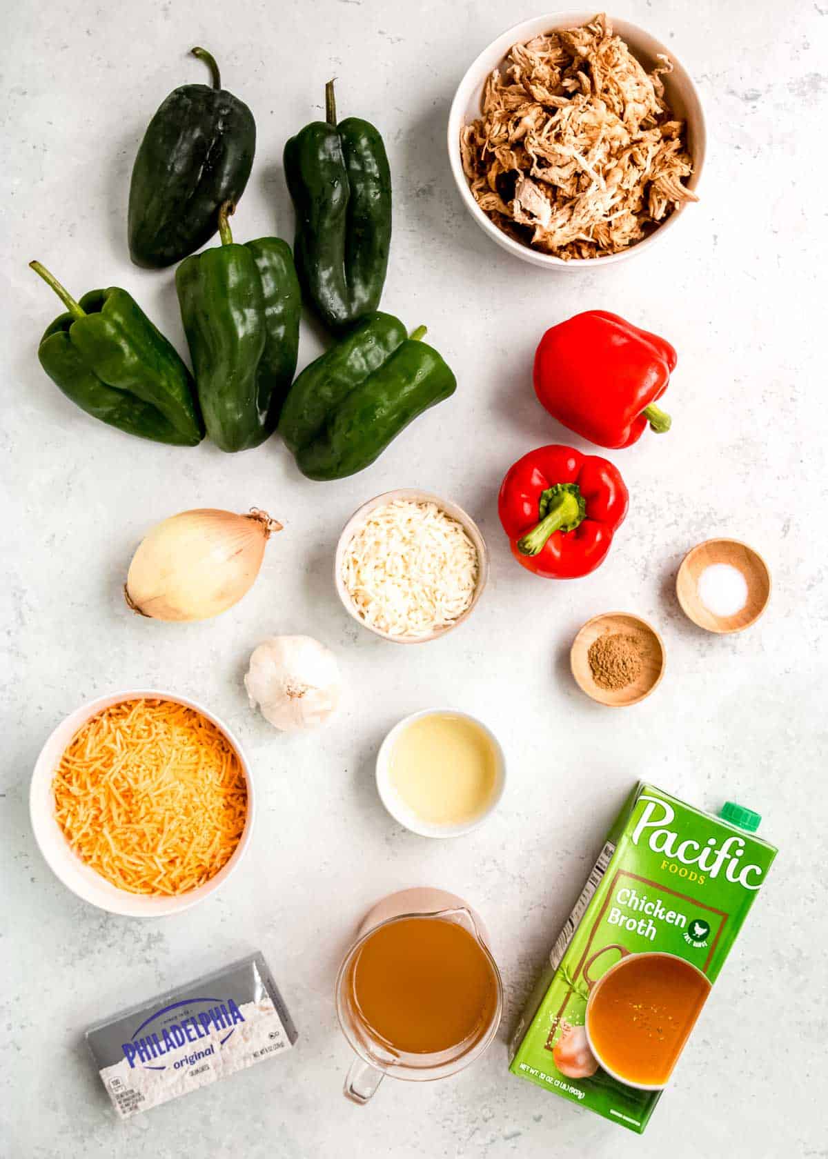 chile relleno soup ingredients on a white table