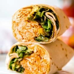 close up image of sliced buffalo chicken wrap