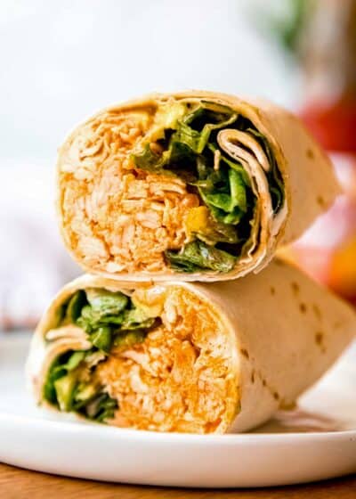 close up image of sliced buffalo chicken wrap