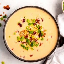 overhead image of loaded cauliflower soup