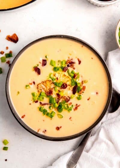 overhead image of loaded cauliflower soup