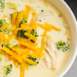 close up, overhead image of broccoli cheddar soup with chicken