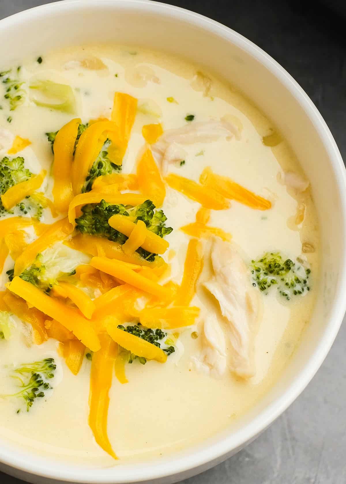 close up, overhead image of broccoli cheddar soup with chicken