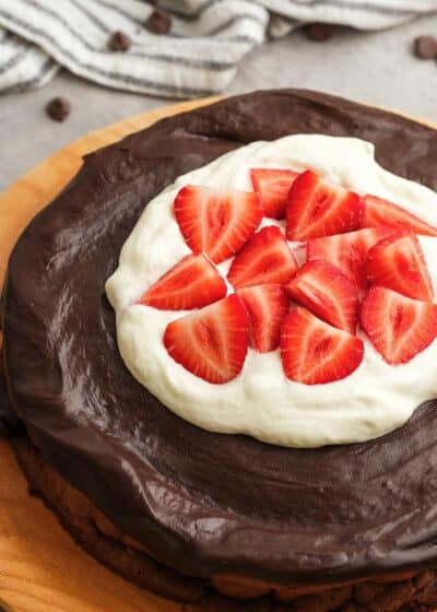 overhead image of death by chocolate cake on a wooden board