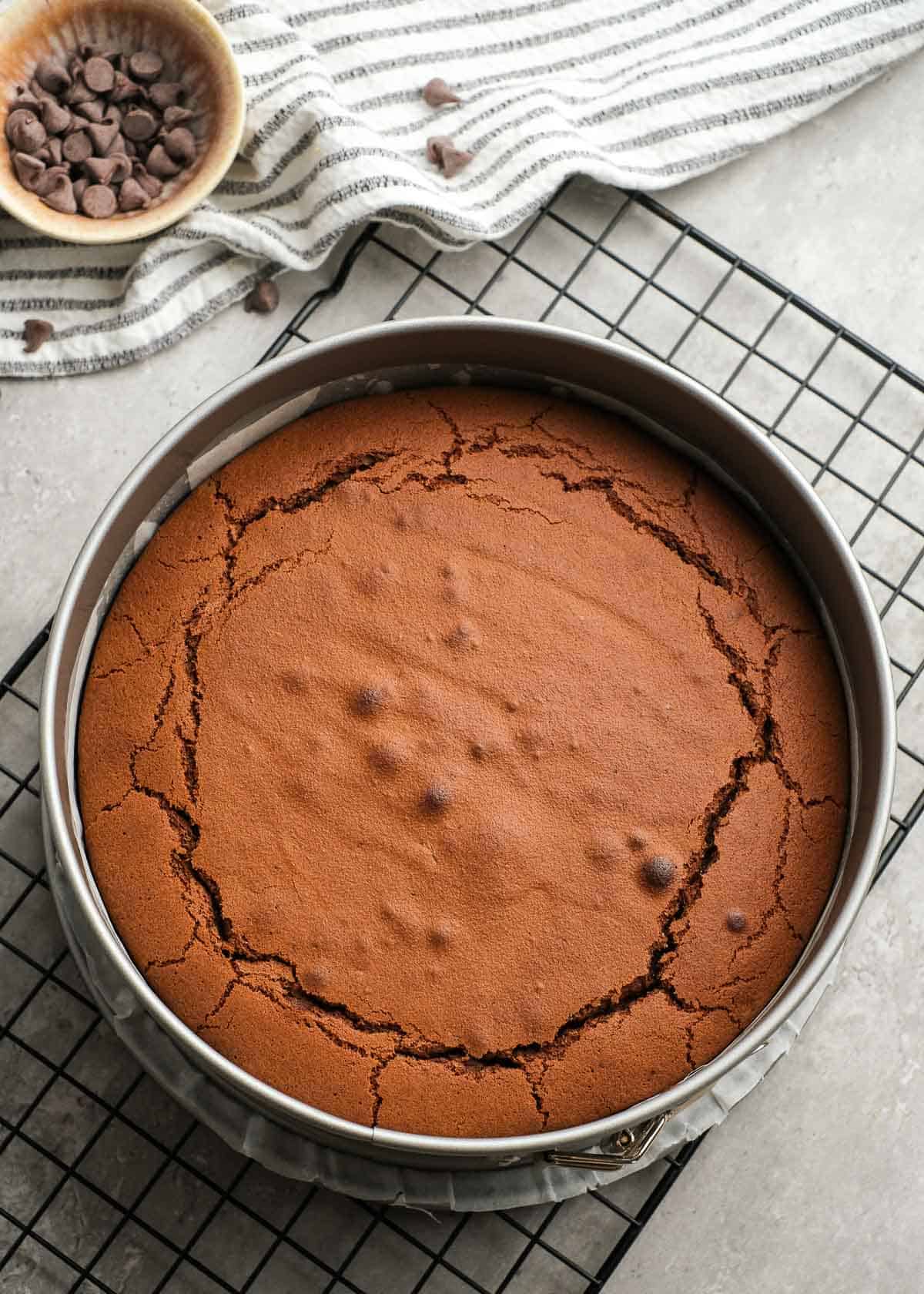 baked cake in pan after being removed from oven
