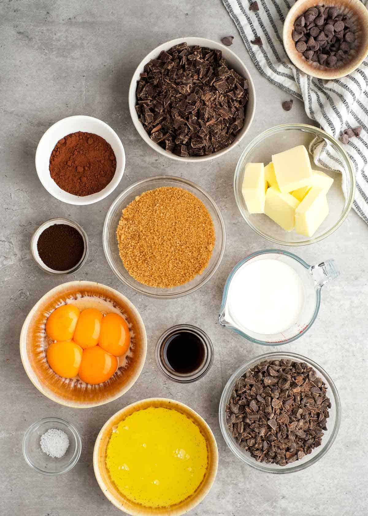 flourless chocolate cake ingredients on a white table