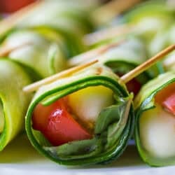 close up image of one grilled Caprese skewer