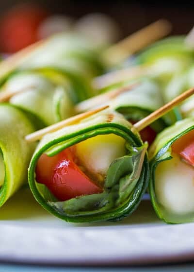 close up image of one grilled Caprese skewer