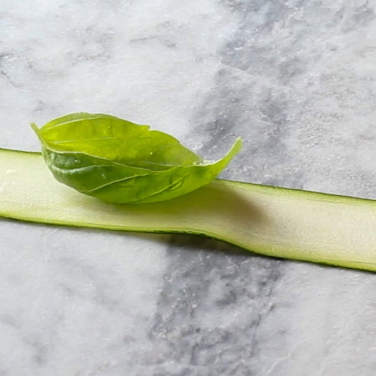 zucchini slice and basil leaf on a counter top