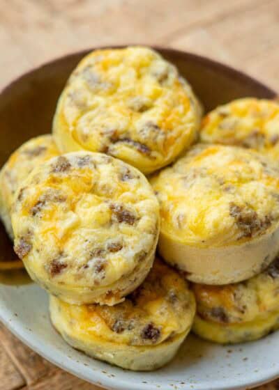 a stack of egg muffins in a brown bowl