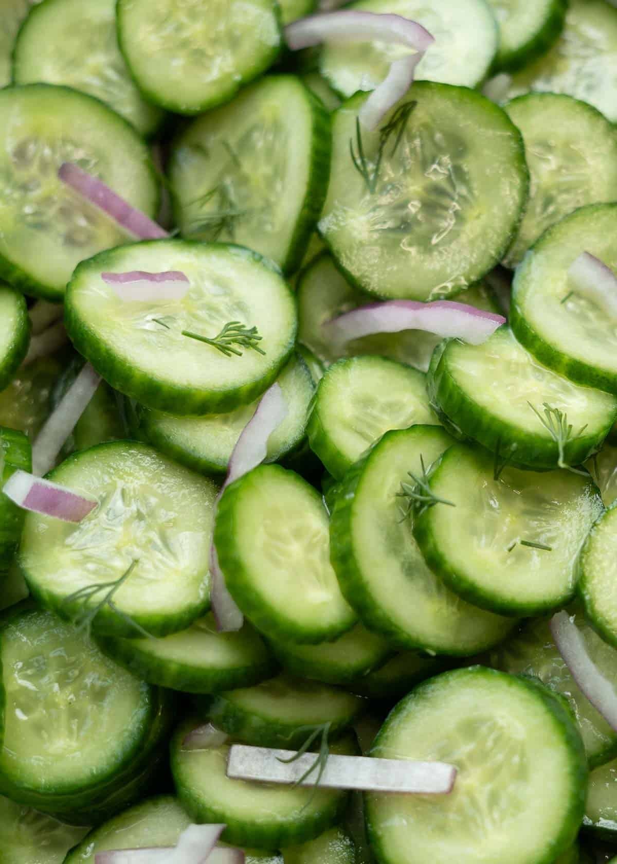 close up image of cucumber dill salad