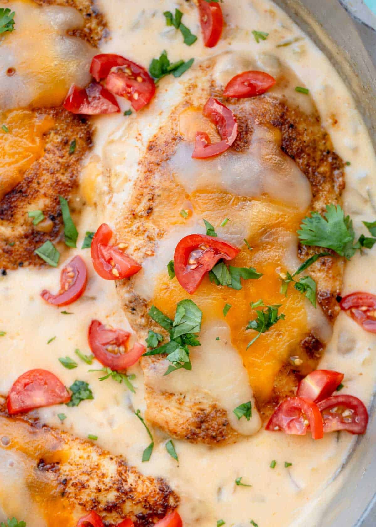 closeup shot showing super juicy, seasoned chicken in a green chili sauce
