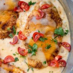 Juicy chicken topped with melty cheese and in a creamy green chili sauce, garnished with fresh herbs and diced tomatoes