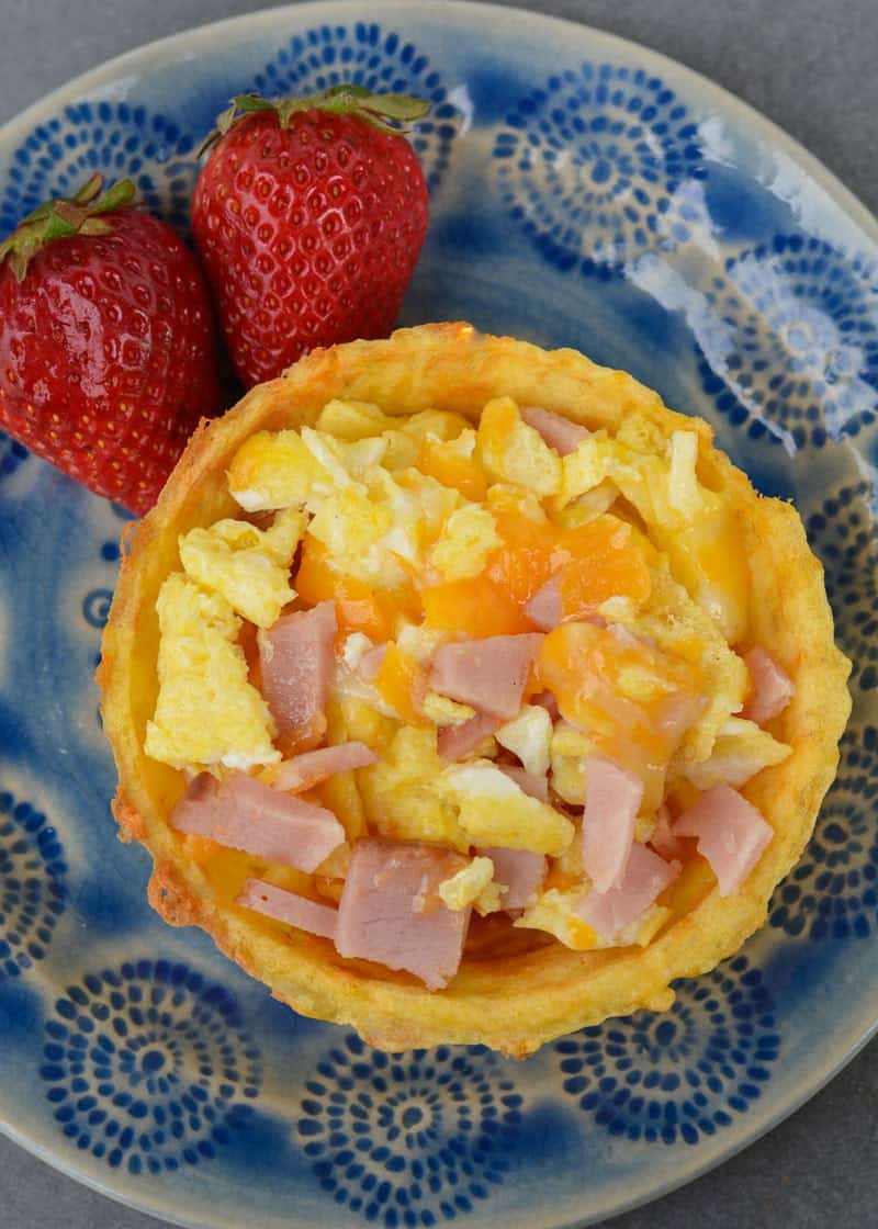 close up, overhead image of breakfast chaffle bowl on a blue plate
