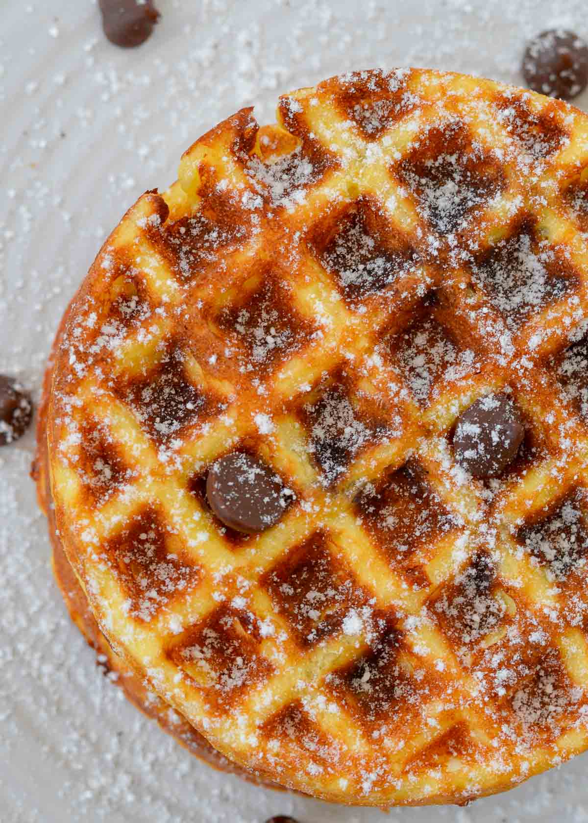 a close up image of a low carb chocolate chip chaffle