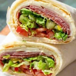 cottage cheese flatbread used as a wrap. Two wraps stacked on top of one another