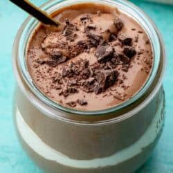 overhead, close up image of one jar of cottage cheese mousse recipe
