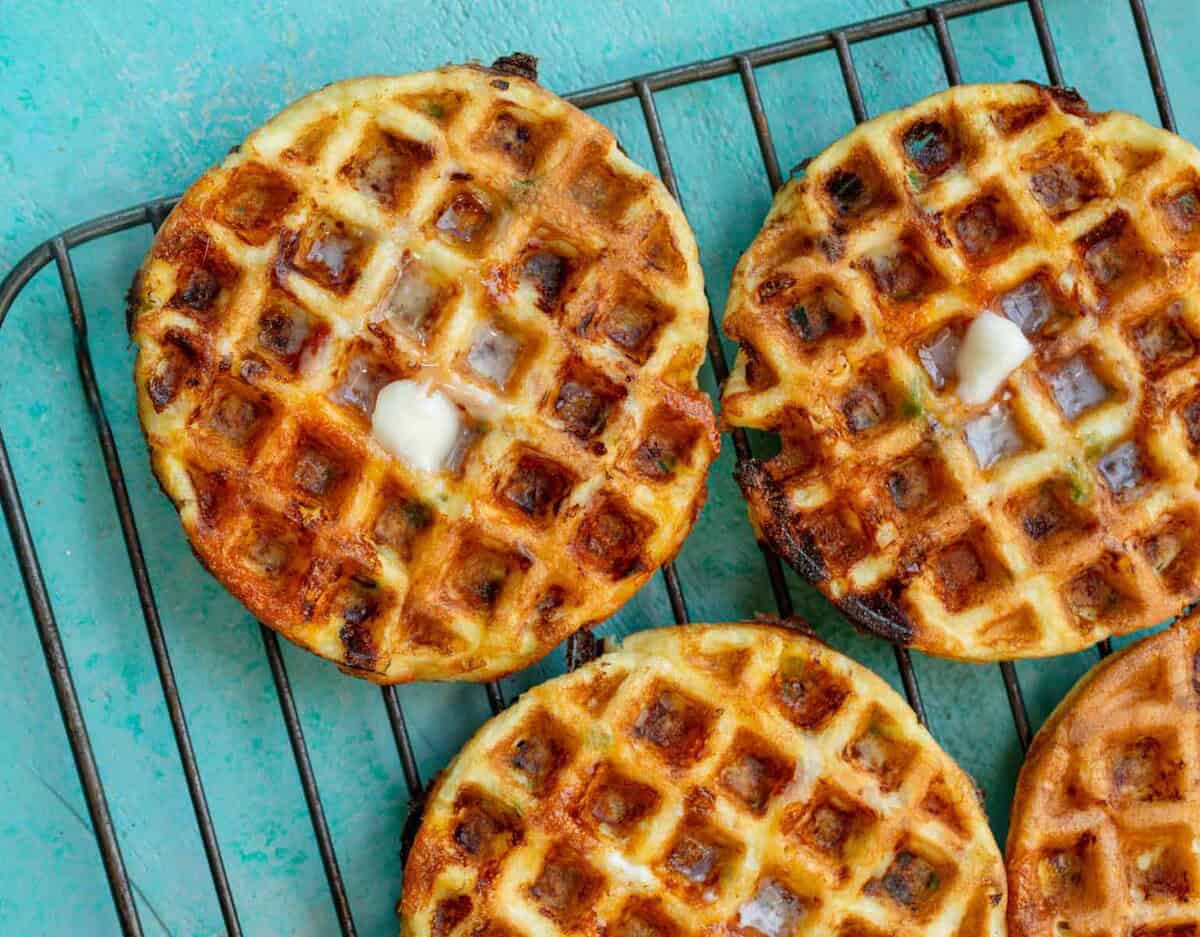 protein waffles cooling on a wire rack