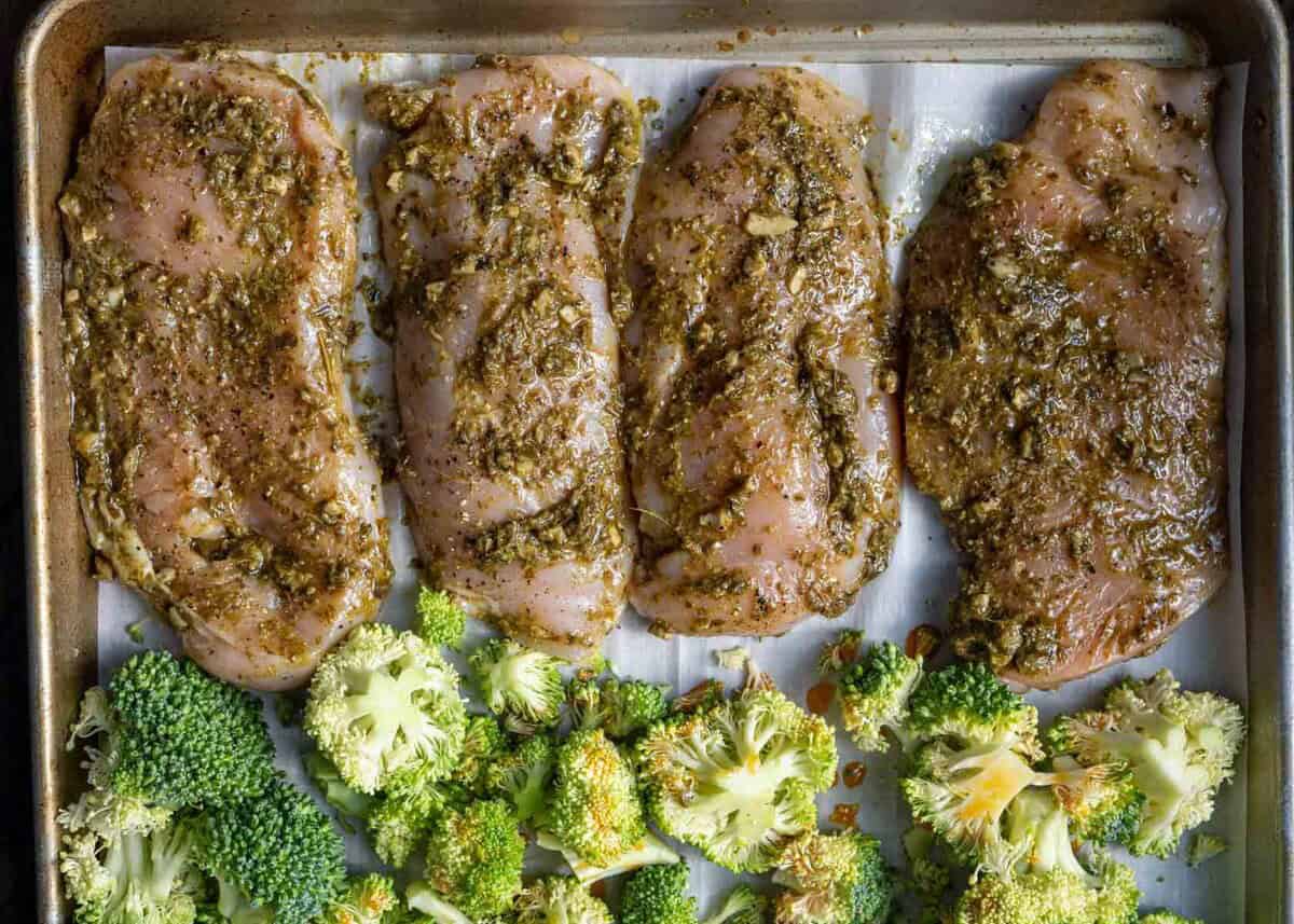 sliced chicken and broccoli in a sheet pan