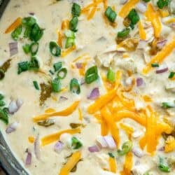 chicken soup with green chiles in a black dutch oven