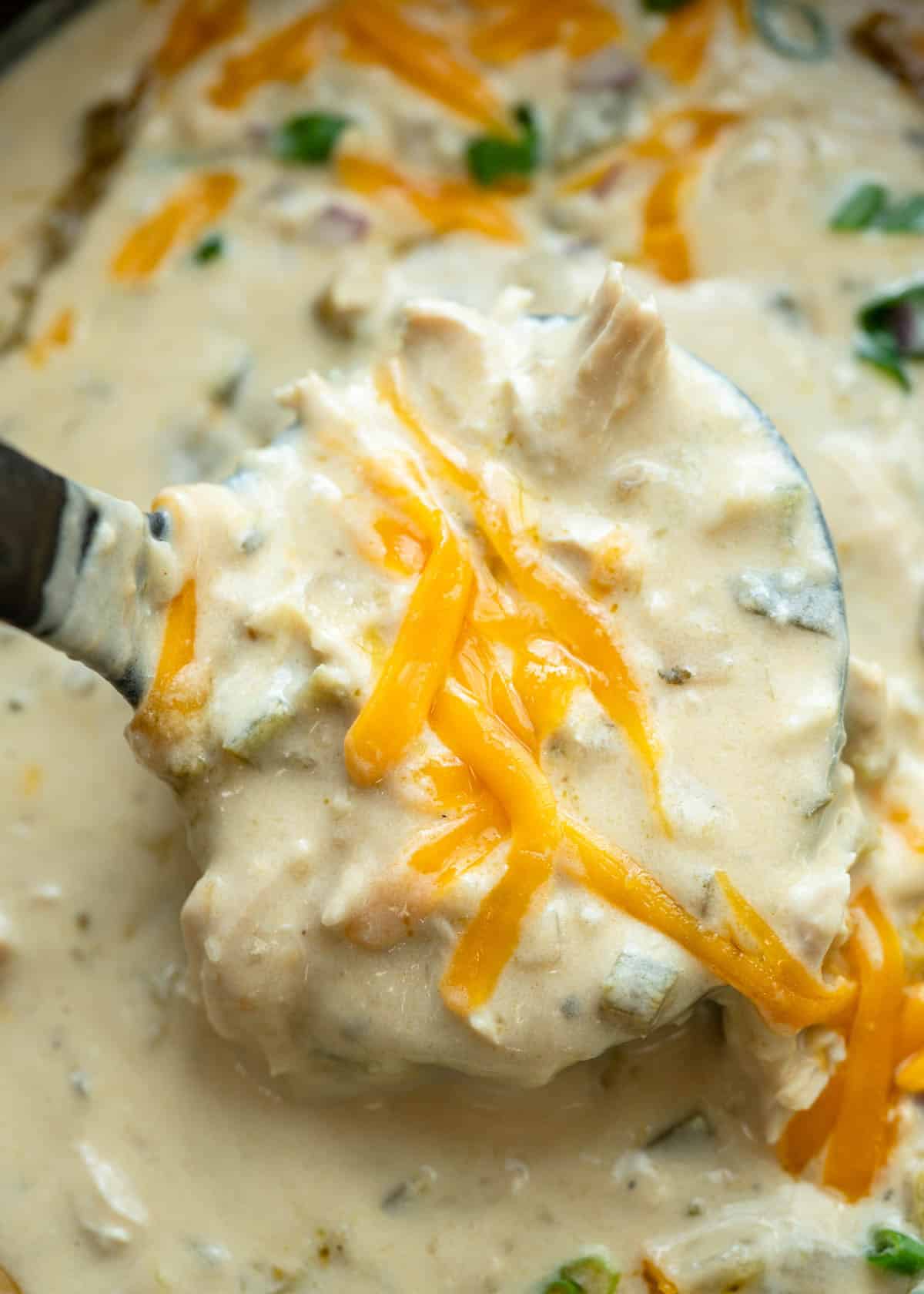 close up, overhead image of a spoonful of soup being removed from pot