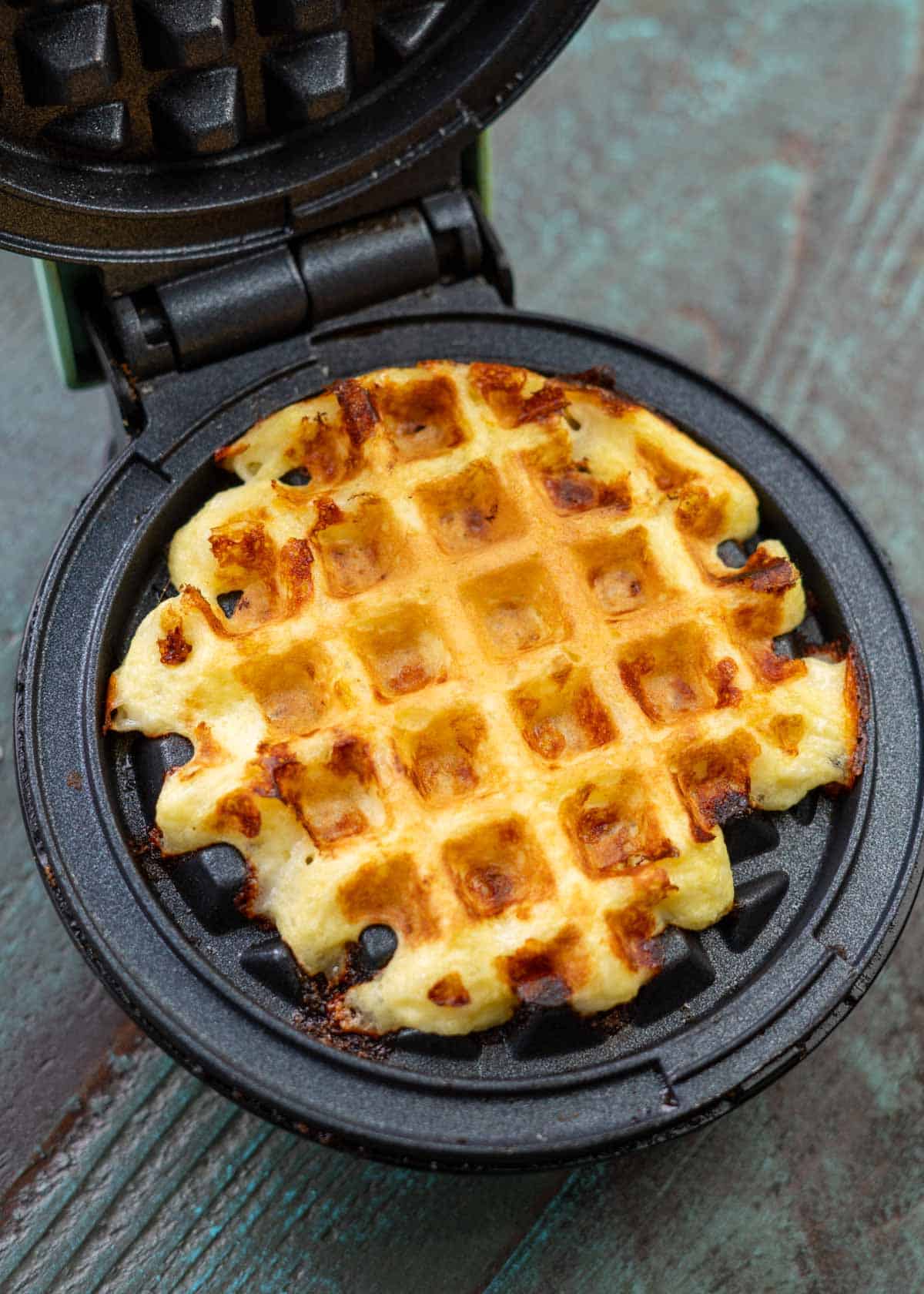 cottage cheese chaffle after being cooked in waffle maker