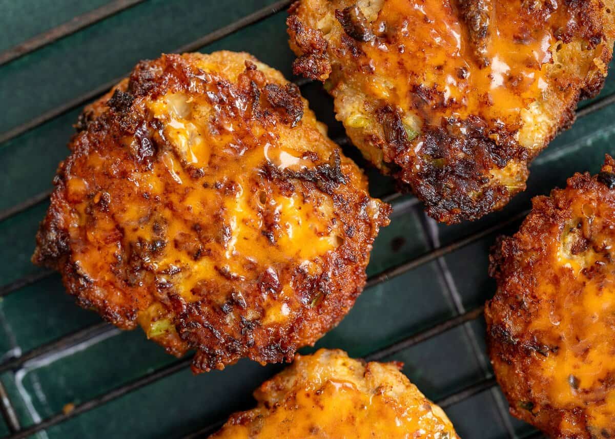 buffalo chicken fritters on cooling rack