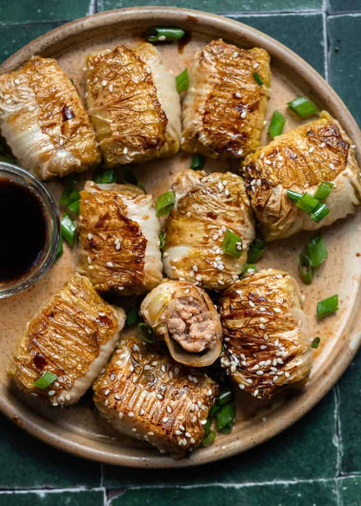 overhead image of cooked pork dumplings on a brown plate