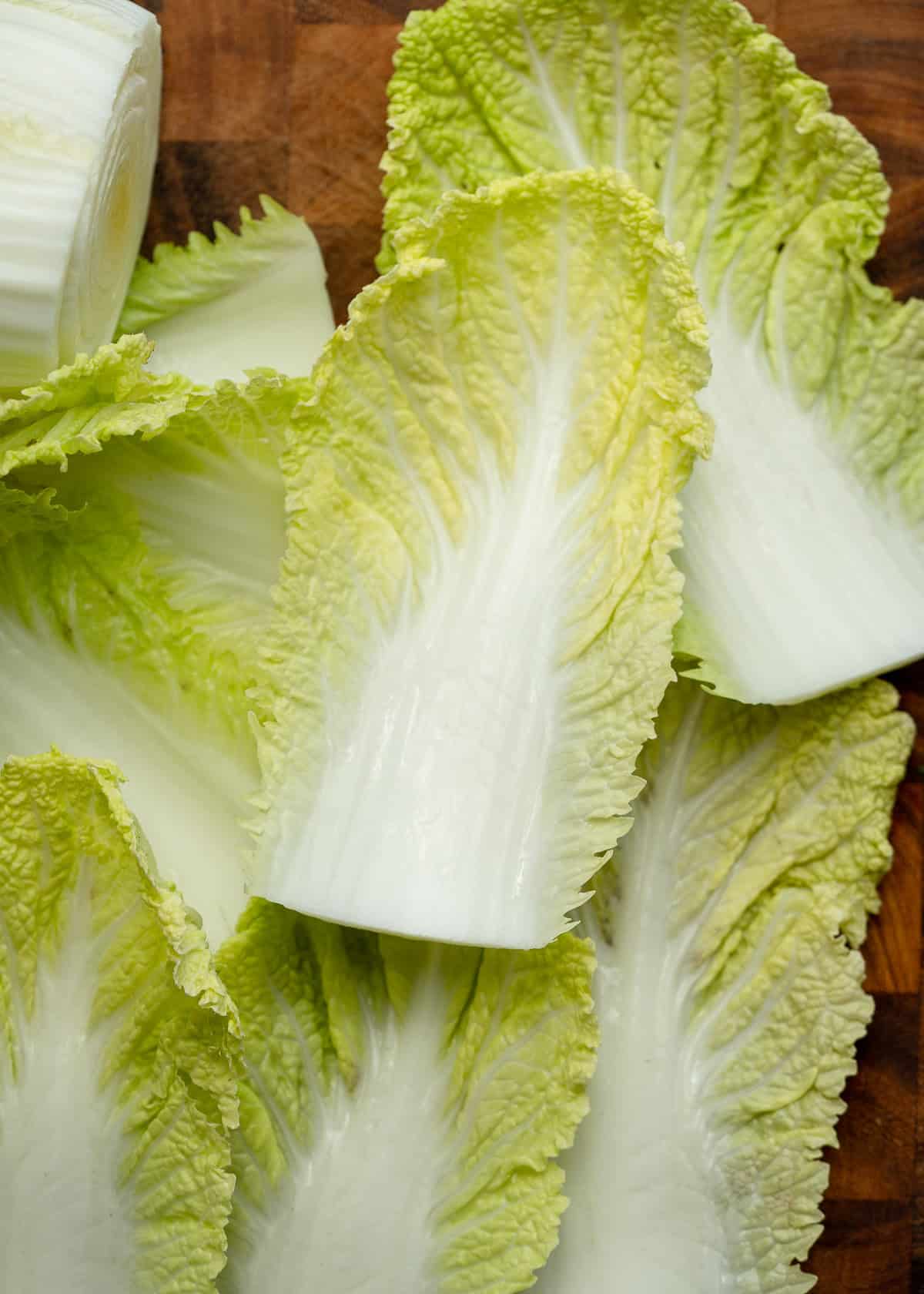 napa cabbage leaves on a wooden cutting board