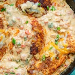 overhead image of cheesy southwest flavored chicken in a black cast iron skillet