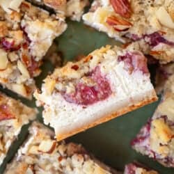 overhead image of sliced strawberry cheesecake bars