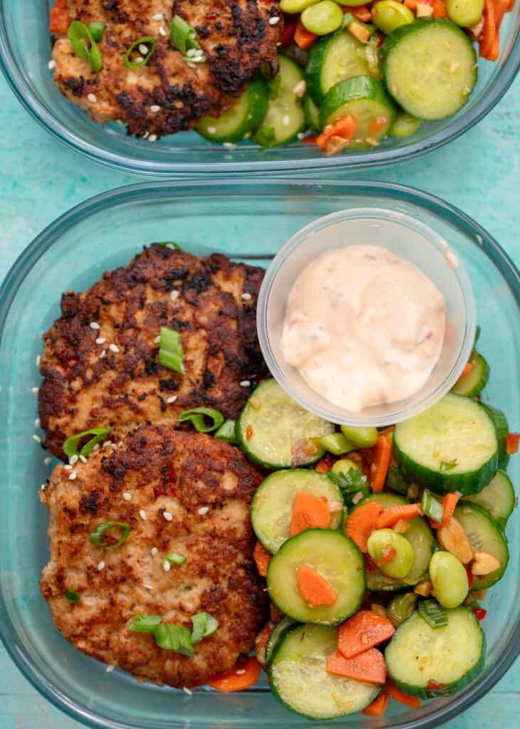 asian chicken fritters in meal prep containers