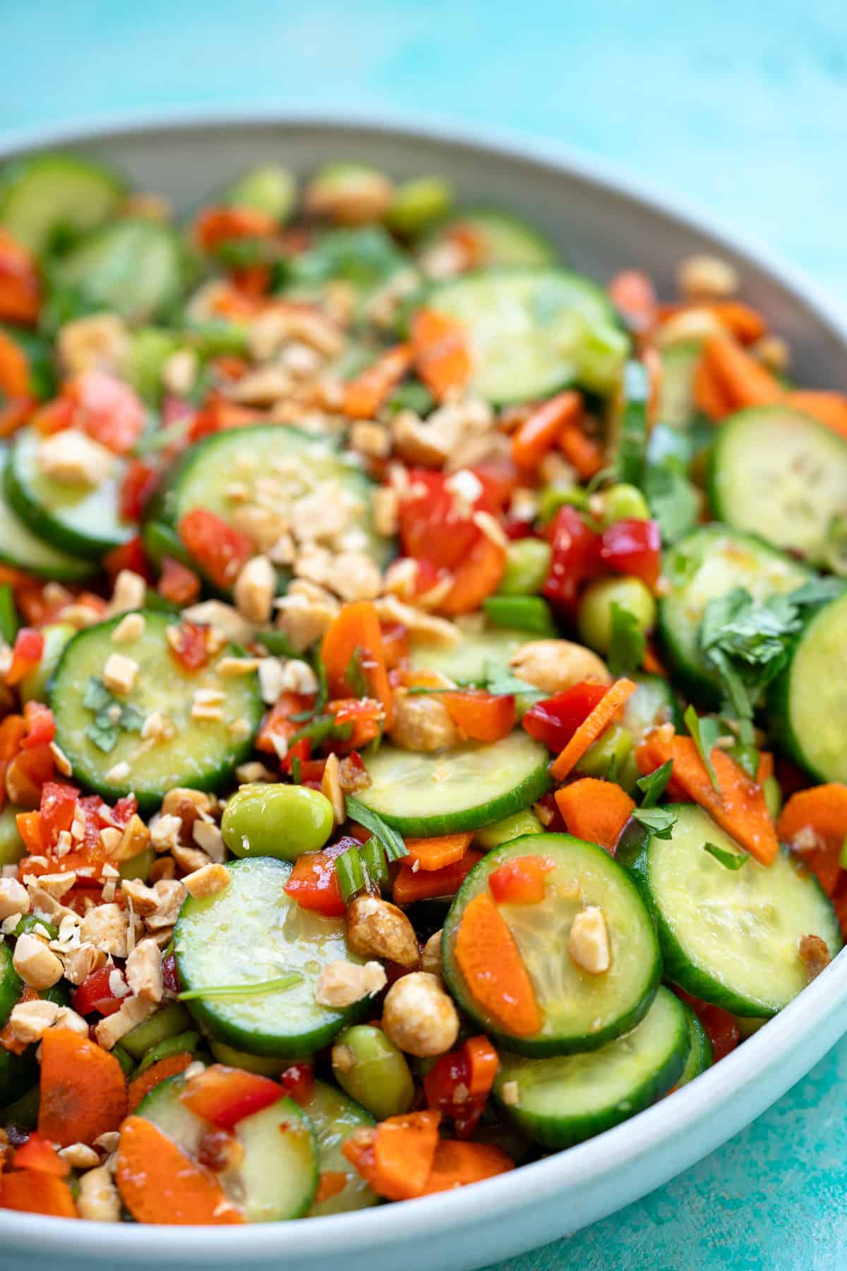 closeup shot of cucumber carrot salad