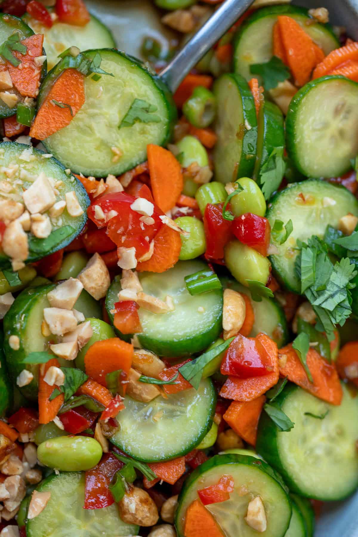 closeup shot of cucumber carrot salad