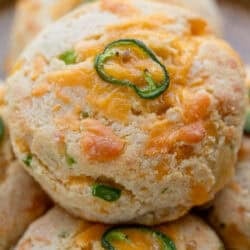 close up image of a single jalapeno cheddar keto biscuit